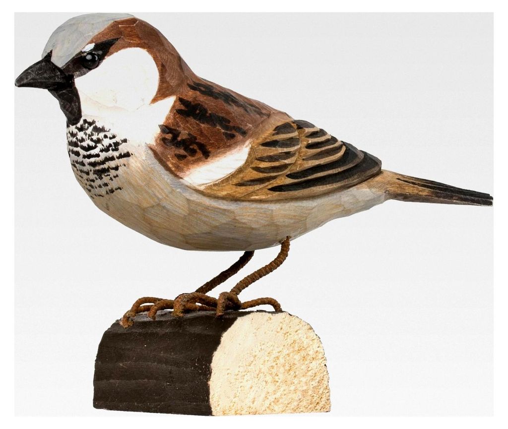 Dekorationsvogel Haussperling - Handgeschnitzter Holzvogel - Kleine Europäische Vögel
