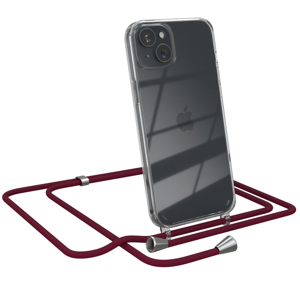 EAZY CASE Handykette kompatibel mit Apple iPhone 15 Plus, Handyhülle mit Umhängeband, Handykordel, Schutzhülle Clear, Band in Rot