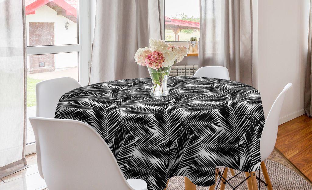 ABAKUHAUS Schwarz und weiß Runde Tischdecke, Fan Palm Leaves, Kreis Tischdecke Abdeckung für Esszimmer Küche Dekoration, 150 cm, Kohlengrau