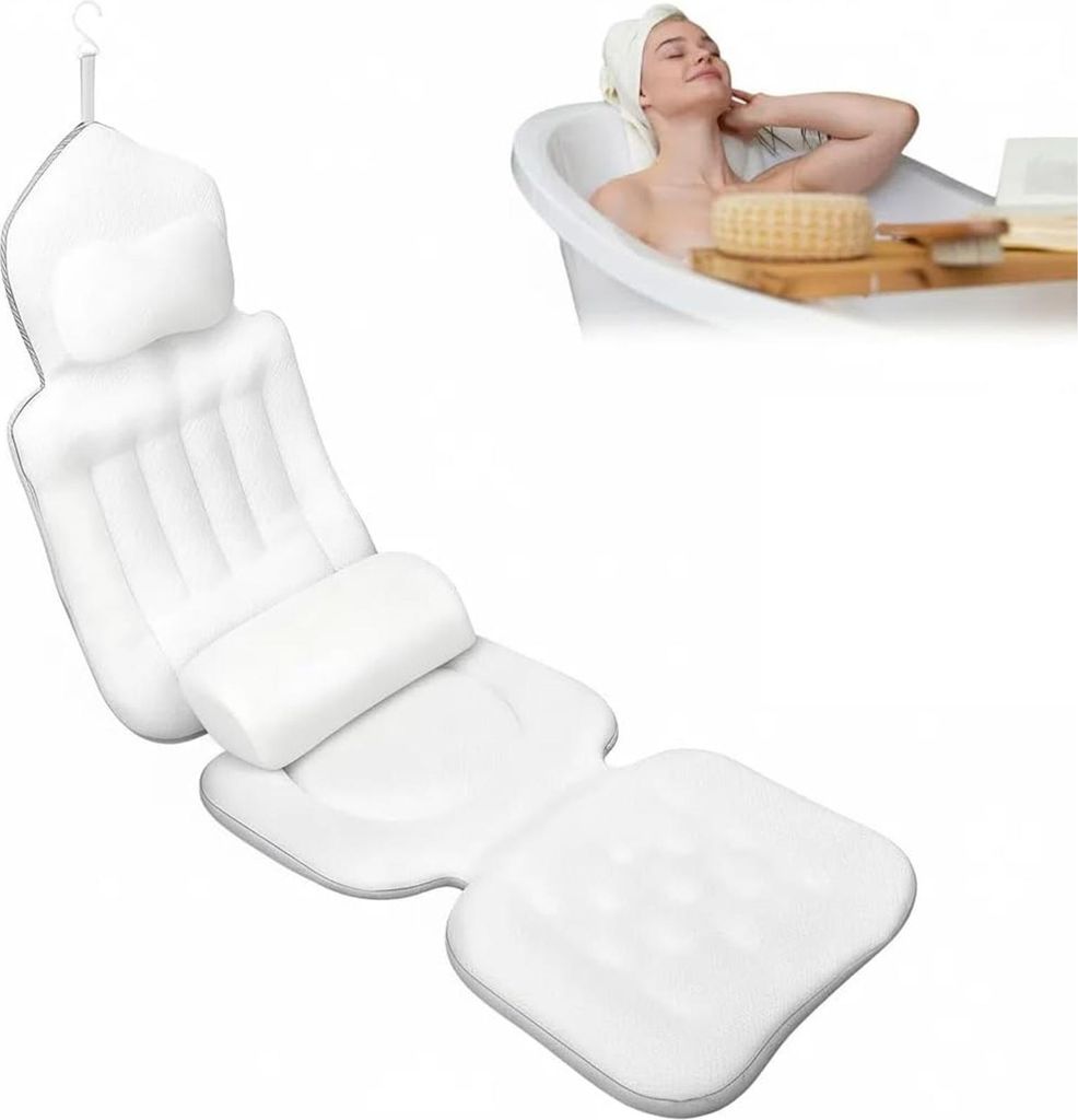 OKWISH Badematte, Badewanneneinlage, Rutschfeste Badewannenmatte aus Silikon, Mit Saugnäpfen und Kopfstütze, Weiß, Halbkreis mit Lendenstütze, ...