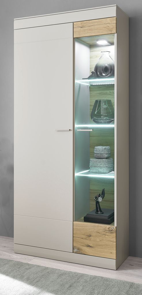 Vitrine Griego in Grau und Eiche Wohn- und Esszimmer Vitrinenschrank Soft-Close
