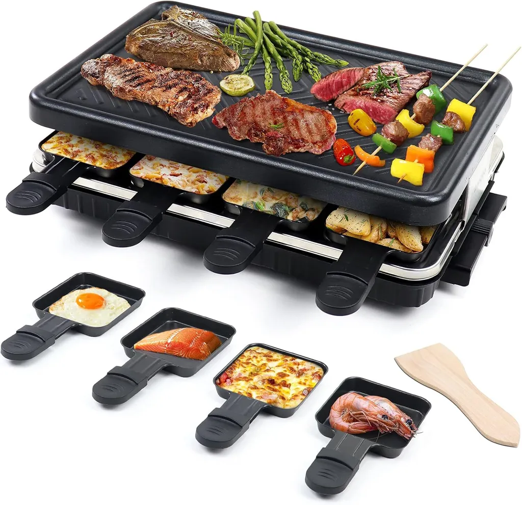 Macchina per Raclette Familiare 1300W | 8 Posti + Accessori Legno