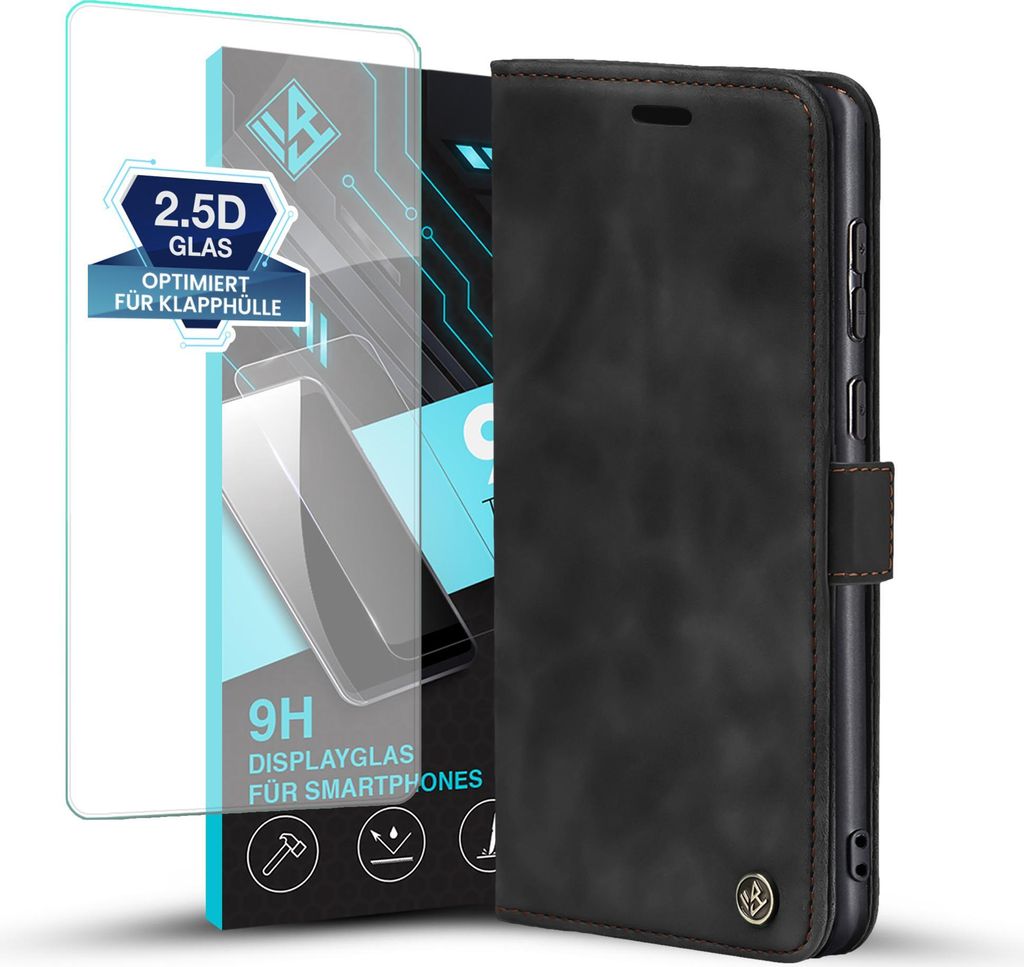 A black flip-style phone case and a screen protector are displayed against a white background.