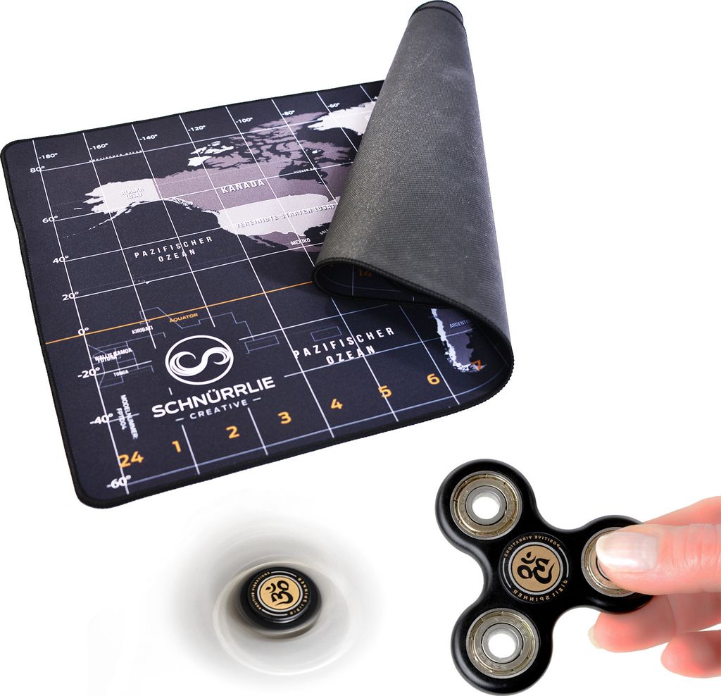 SCHNÜRRLIE XXL Gaming Mousepad mit Fidget Spinner - Unterlage für Maus und Tastatur - 900x400 mm schwarz mit Weltkarte Motiv