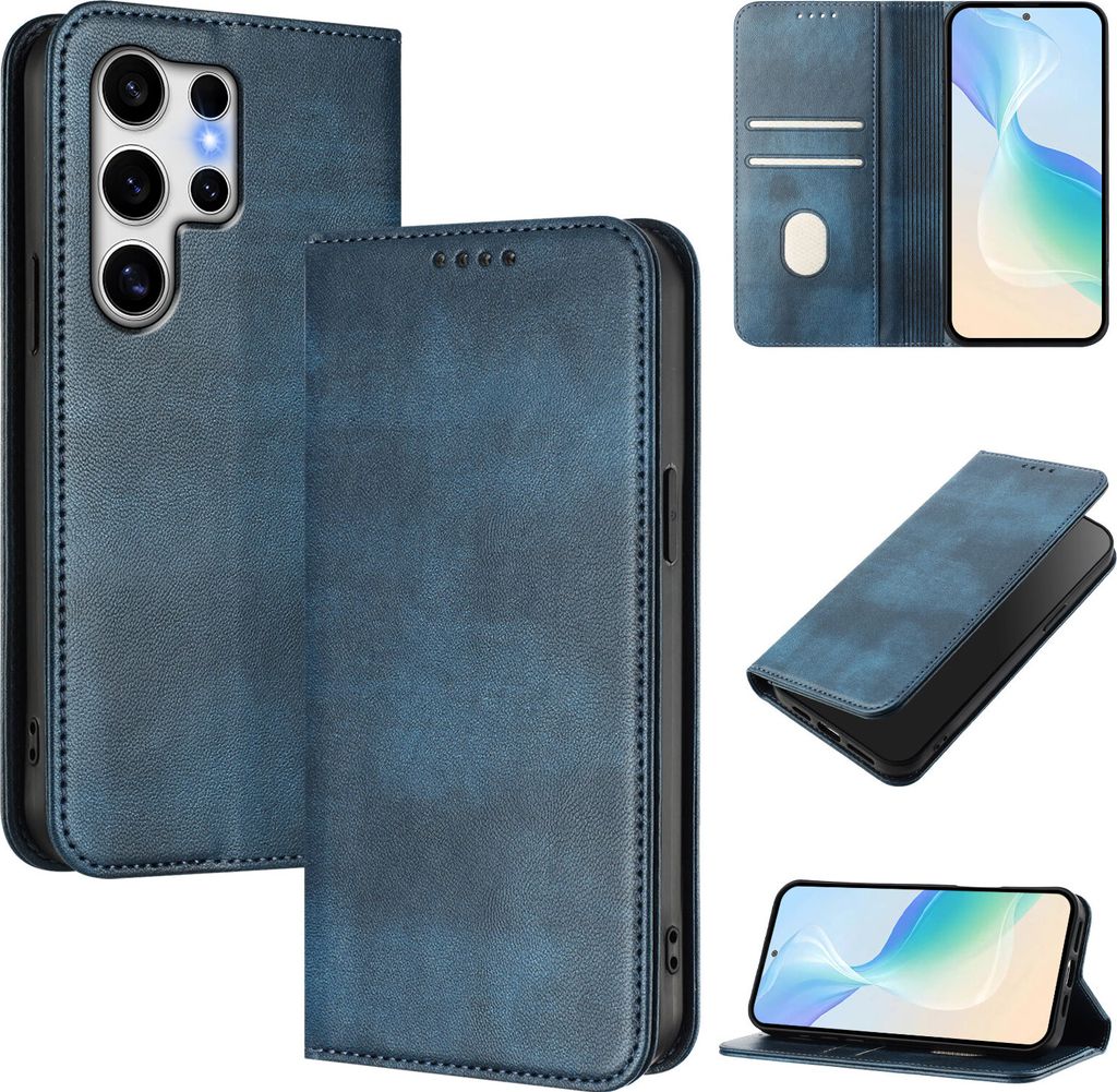 Handyhülle für Samsung Galaxy S25 Ultra, Vintage Leder RFID Schutz Kartenfach Standfunktion Magnetische Klapphülle Blau