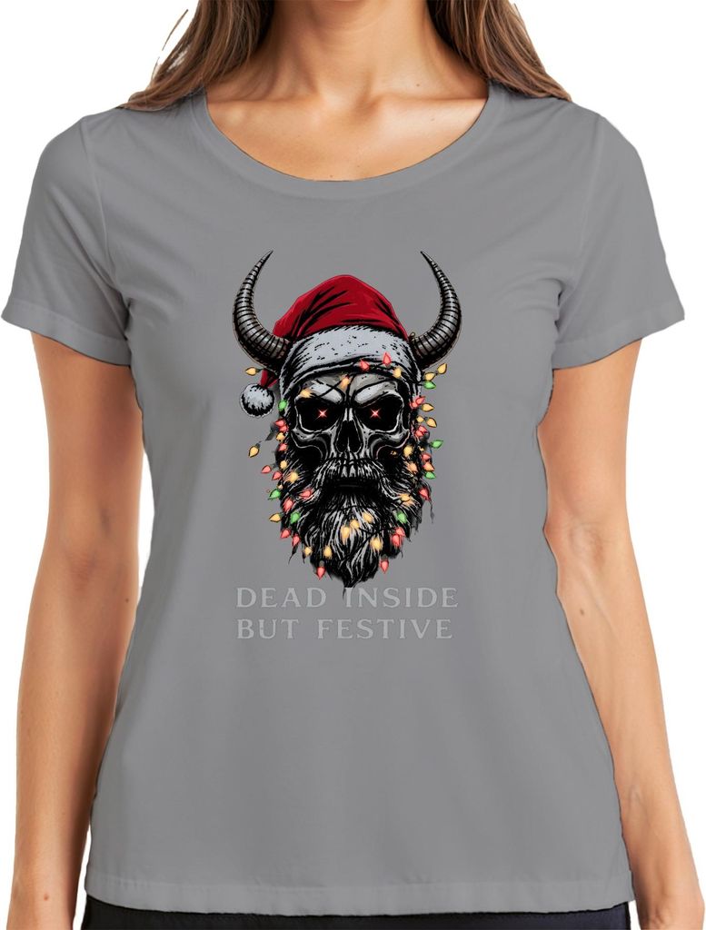 Dead Inside But Festive Totenkopf Hörner Lichter Bart Gothic Damen T-Shirt, Grau, 3XL