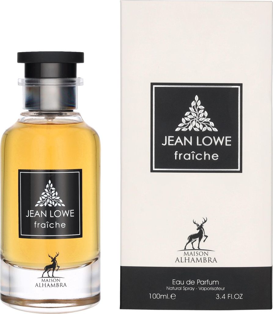A bottle of Jean Lowe Fraiche Eau de Parfum and its packaging.
