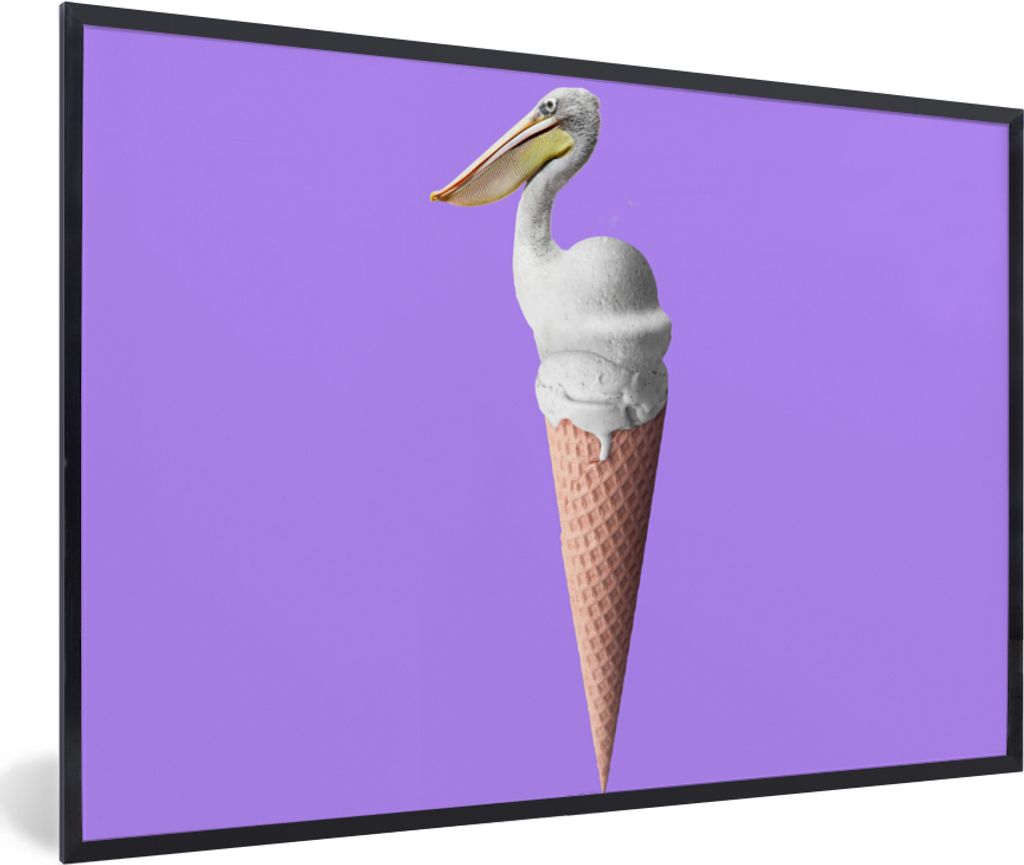 MuchoWow Gerahmtes Poster Eiscreme - Vogel - Pelikan - Weiß - Eistüte 90x60 cm - Poster mit Schwarzem Bilderrahmen Wandposter Rahmen Foto Bilde...