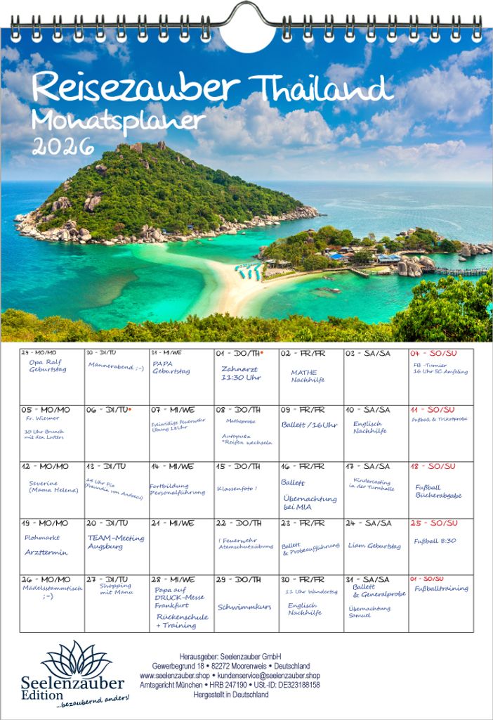 Reisezauber Thailand Planer DIN A4 Kalender für 2026 Bangkok Reise Strand Meer Stadt Land Uraub Strand - Seelenzauber