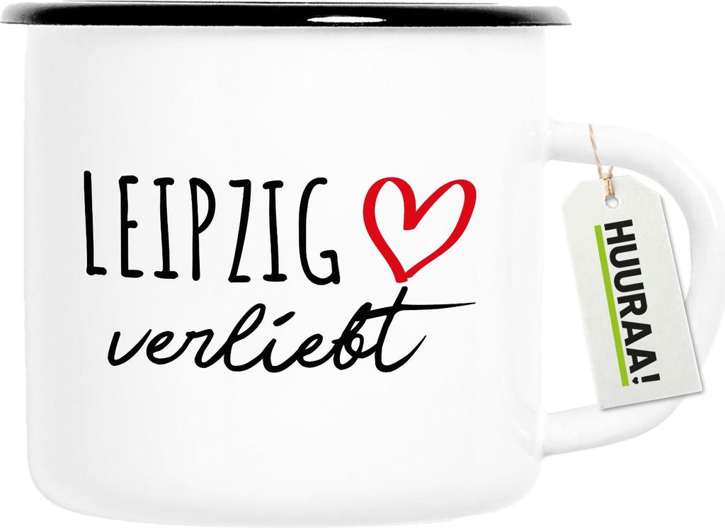 Huuraa Emaille Tasse Leipzig verliebt 300ml Vintage Campingbecher Geschenkidee