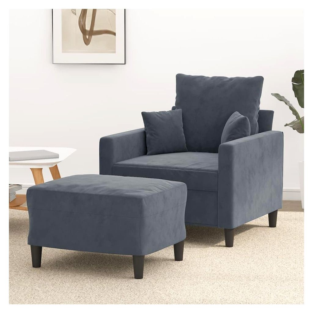 Dunkelgrauer Samt Sessel mit Hocker, 60 cm Sitzbreite, Robustes Metallgestell, Bequeme Polsterung, ideal für Wohnzimmer und Schlafzimmer