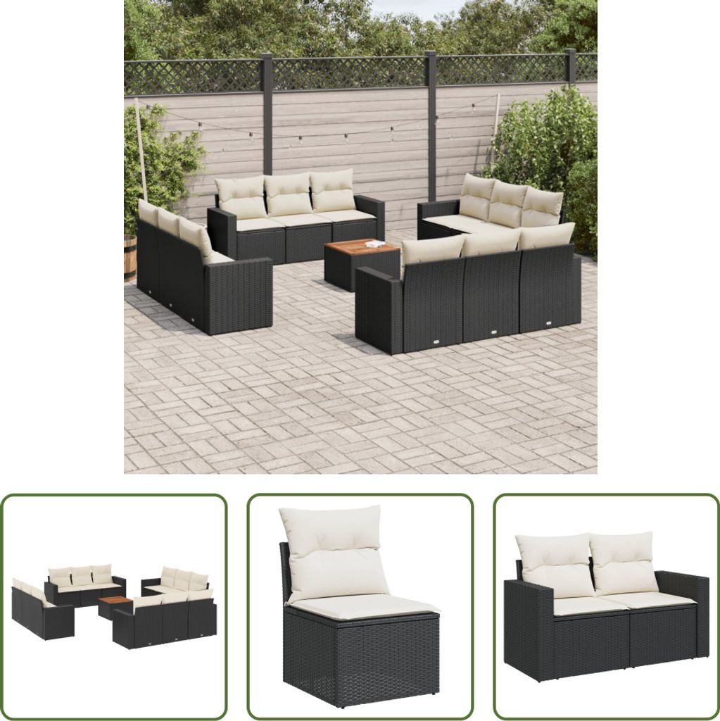 The Living Store 13-tlg. Garten-Sofagarnitur mit Kissen Schwarz Poly Rattan