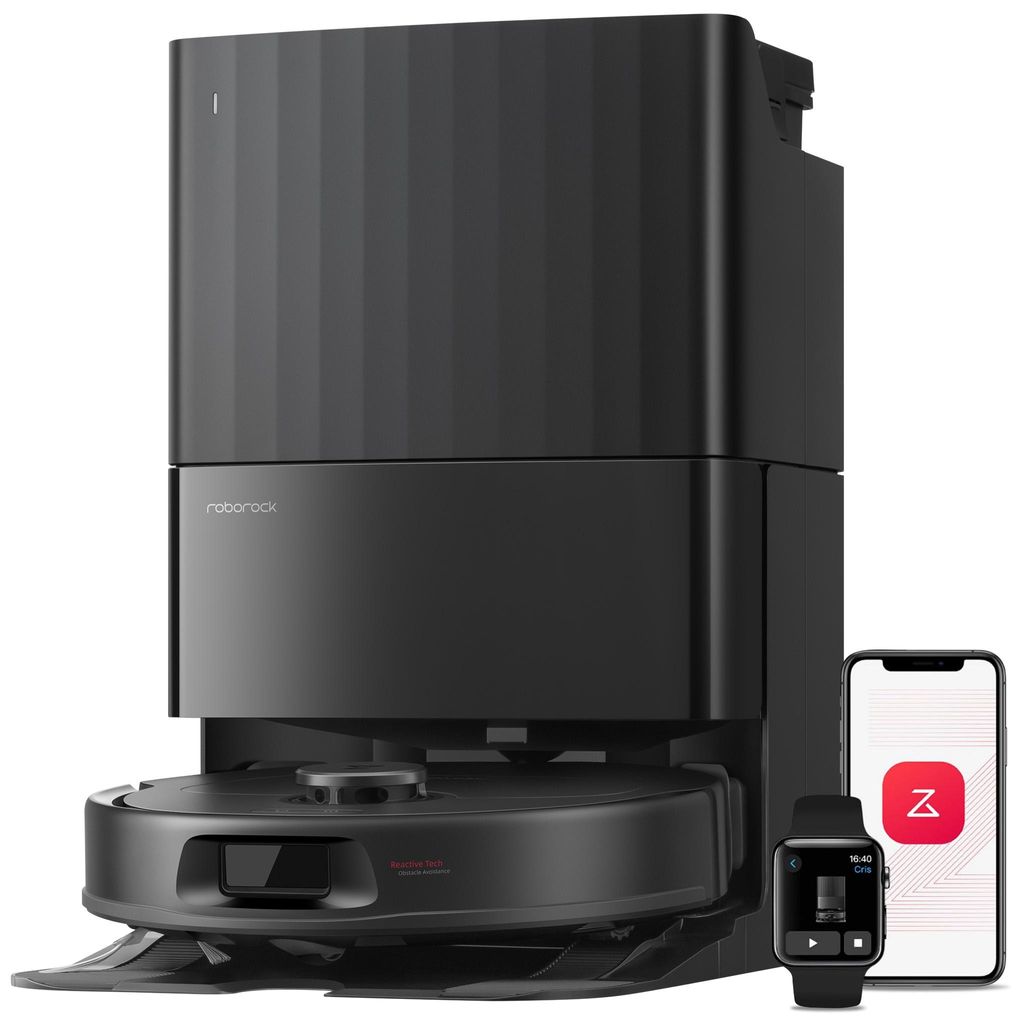 A black robot vacuum cleaner with its docking station, alongside a smartphone and a smartwatch displaying app interfaces.