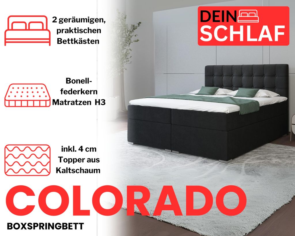 Boxspringbett COLORADO 180x200 cm Inari 100 Schwarz Produktbild 2
