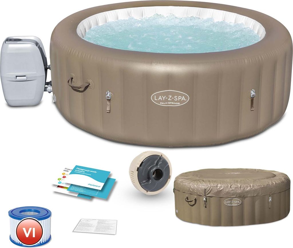 An inflatable hot tub and its accessories are displayed against a white background.