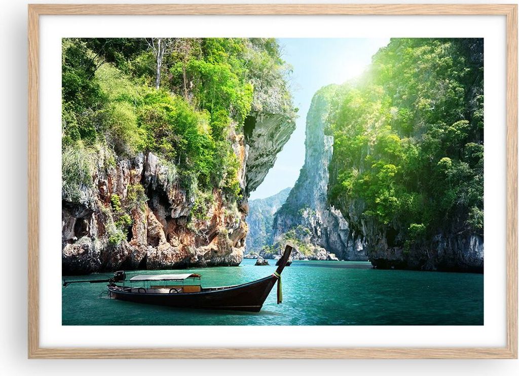 Gerahmtes Poster - Rahmen in heller Eiche - Boot Klippen Natur Felsen - 70x50 cm - Wand Bild - Wanddeko - Wandbilder - Wandposter - Bilderrahmen - ...