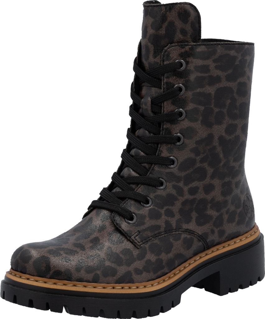 A single gray leopard-print biker boot with black laces and a platform sole, isolated on a white background.