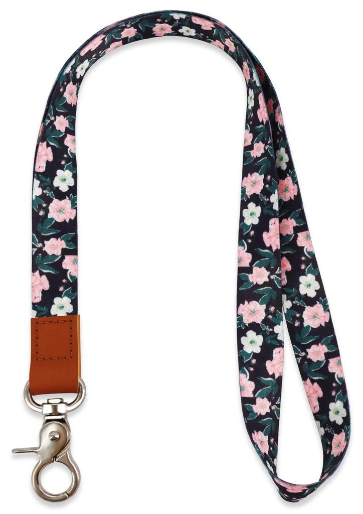 Langer Tragegurt, universeller Nackengurt mit Metallring und echtem Leder, ideal für Handy, Schlüssel, Dienstausweis (Blumenmotiv)