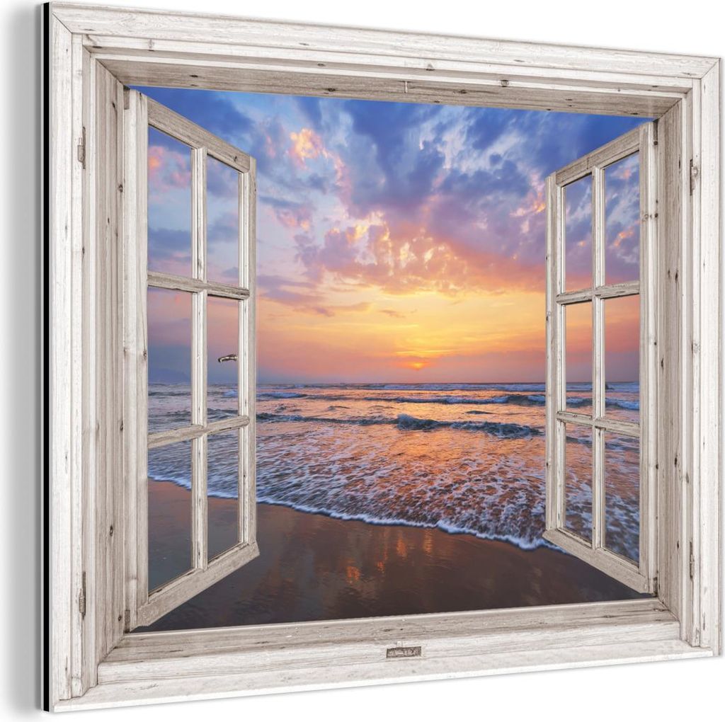 MuchoWow Wanddekoration Metall Metallbild Wandkunst 80x60 cm Aussicht - Meer - Strand - Sonnenuntergang - Blau MuchoWow Aluminium Gemälde - Alubild