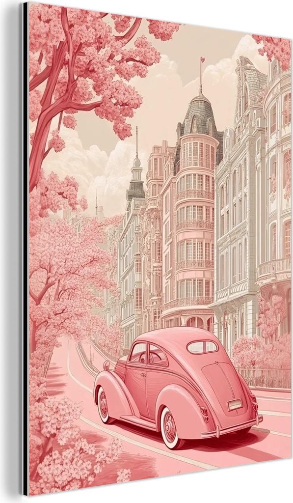 MuchoWow Wanddekoration Metall Metallbild Wandkunst 60x80 cm Stadt - Auto - Rosa MuchoWow Aluminium Gemälde - Wanddekoration Metall