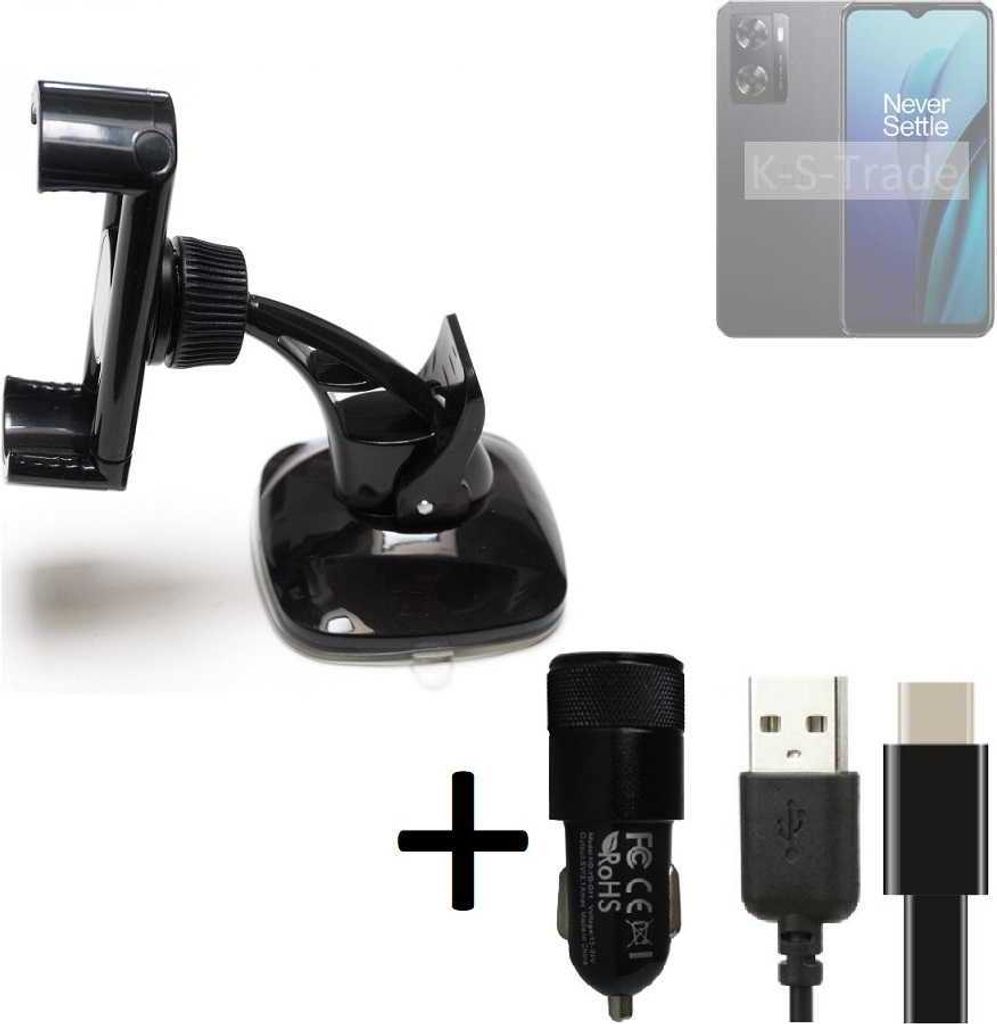 K-S-Trade Handy-Halterung kompatibel mit OnePlus Nord N20 SE Windschutzscheibe / Armaturenbrett + LADEGERÄT mit Mico USB Kabel Autohalterung