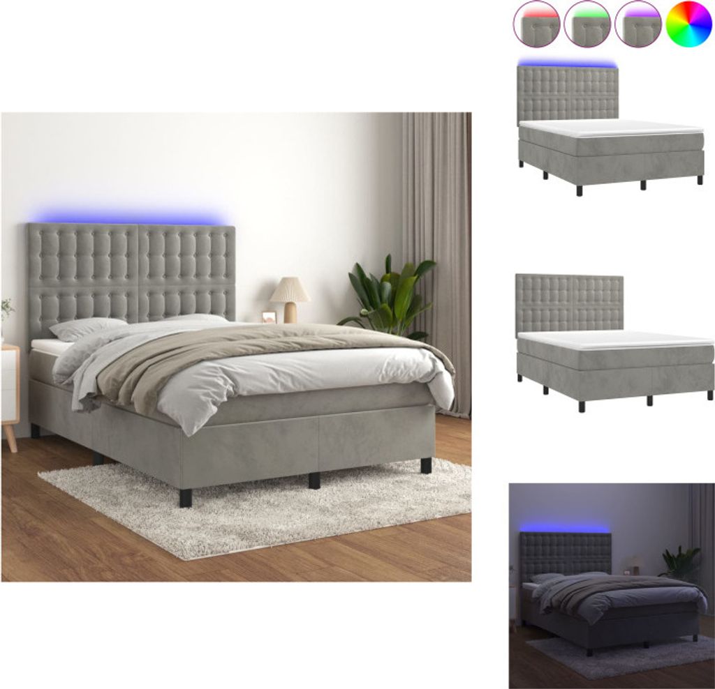 vidaXL Boxspringbett mit Matratze & LED Hellgrau 140x200 cm Samt - Betten & Bettgestelle