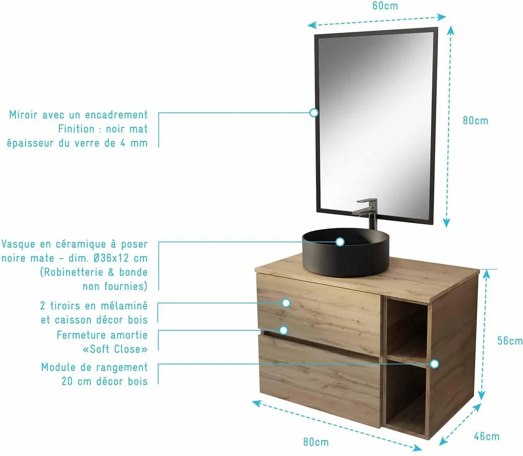 Meuble de Bain 80cm TIMBER Chêne et Vasque Noire - Design Moderne - 4