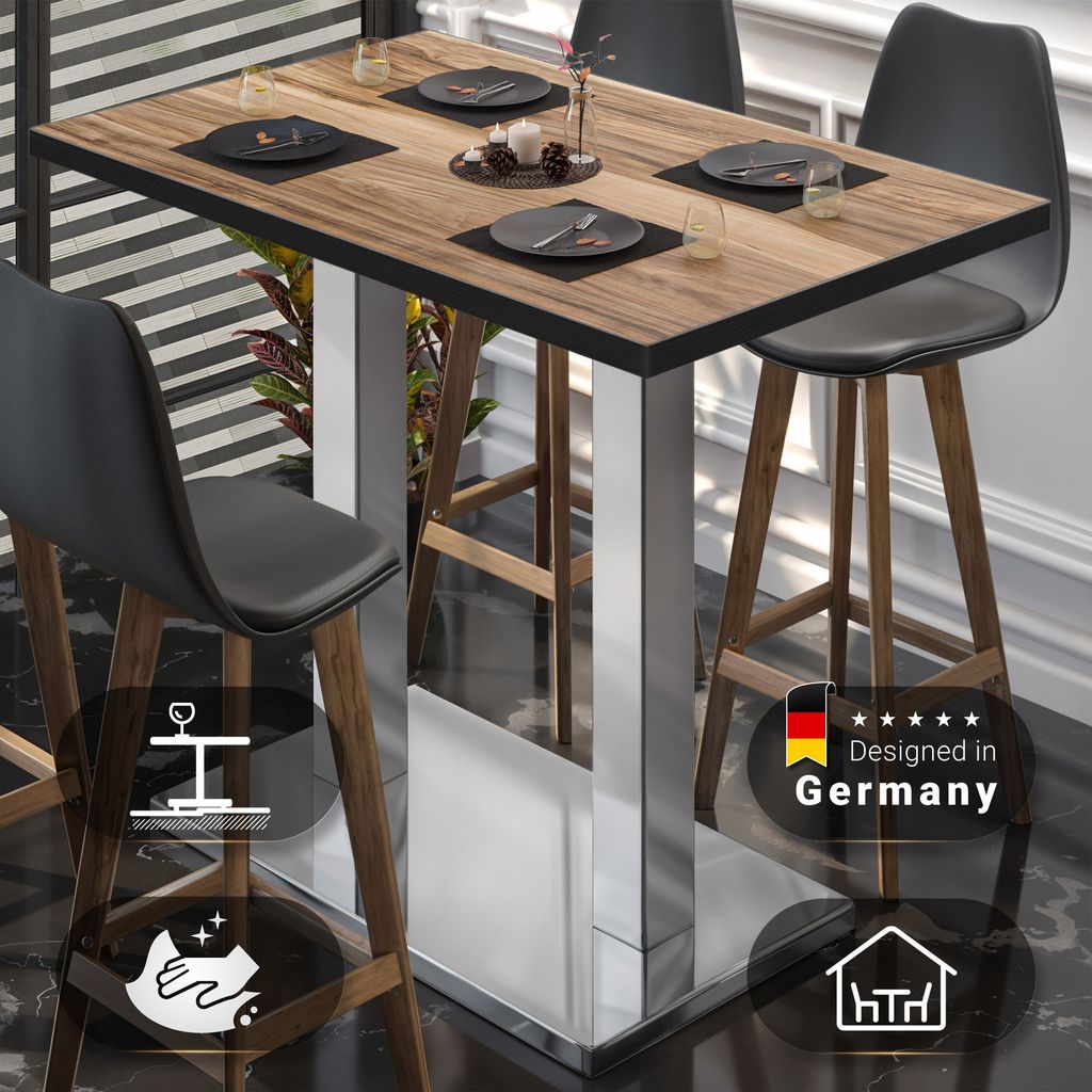 BM | Bistro Stehtisch | 120 x 70 x 108 cm | Rechteckig | Schwarzer Rand | Sheesham / Edelstahl | Gastro Steh Tisch Restaurant