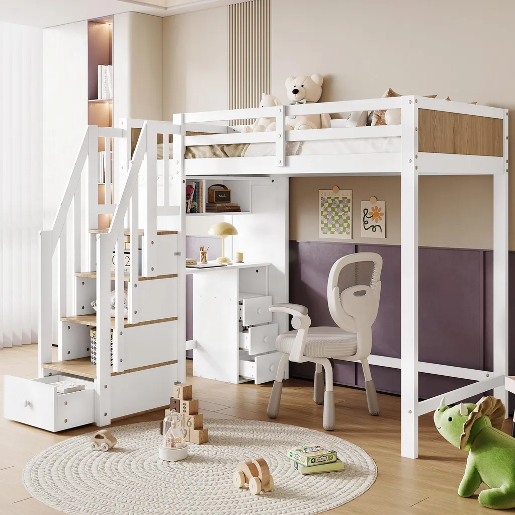 Lit mezzanine enfant avec bureau et rangements pour petite chambre 90x200