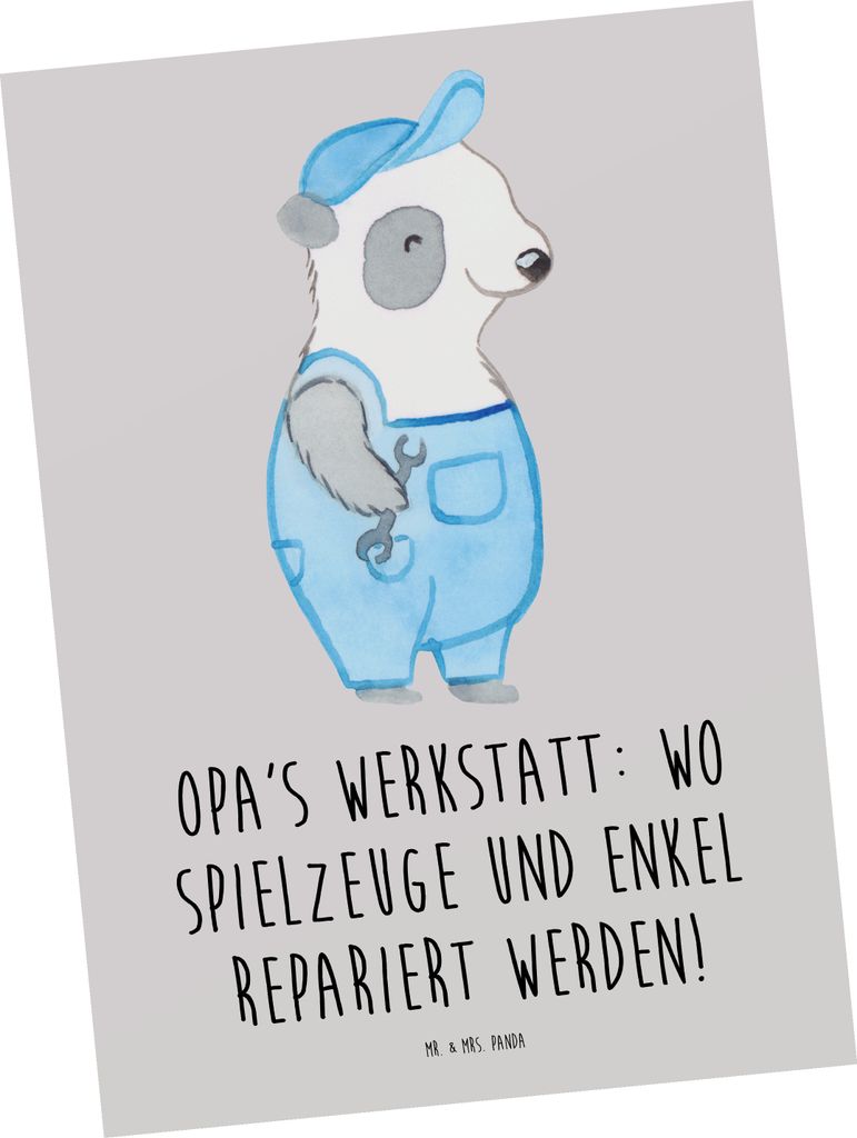 Mr. & Mrs. Panda Postkarte Großeltern Werkstatt - Grau Pastell - Geschenk, Familienleben, Geburtstage, Generationen, einzigartige Designs, Postkar...