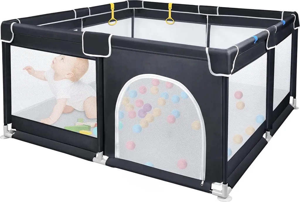 Barrière Sécurité Bébé 127x127cm Parc Pliable Noir avec Filet et Balles