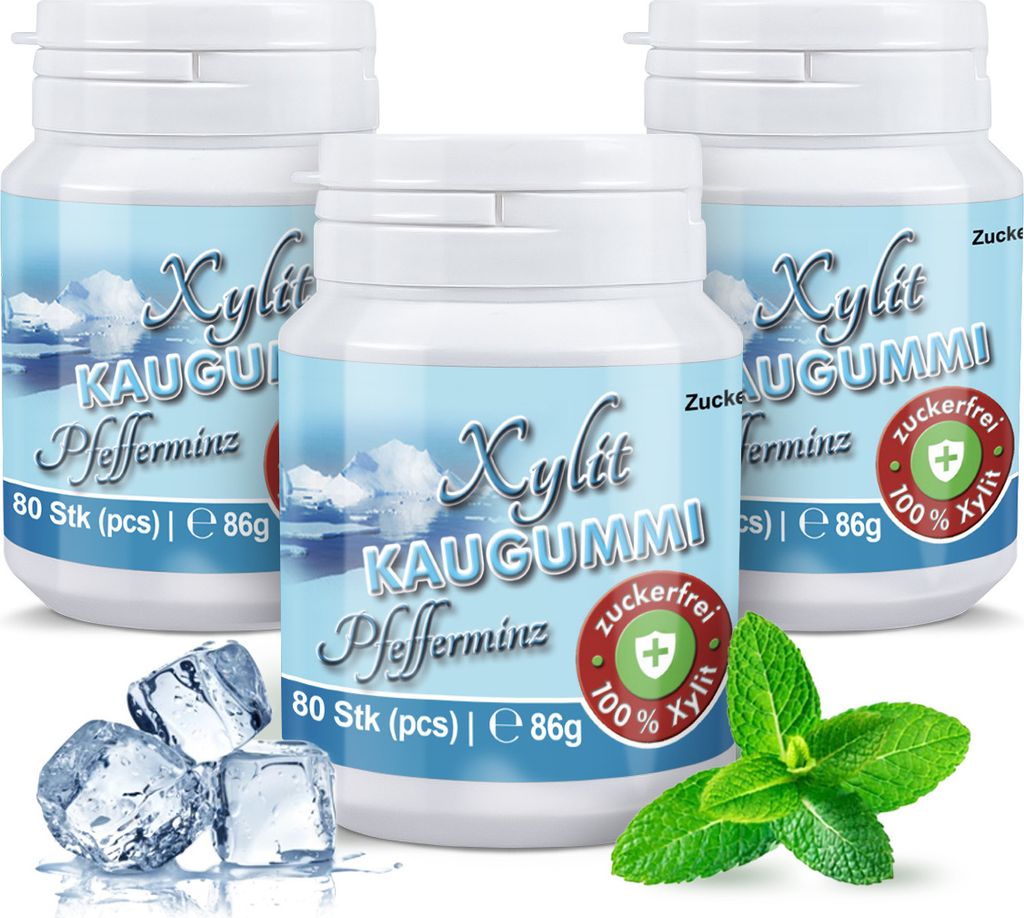 Xylitquelle Zahnpflegekaugummi PFEFFERMINZ | 3 x 80 Stk | 100% Xylit für angenehmen Atem | zuckerfrei, vegan, ohne Aspartam | 240 Kaugummis (3er P...
