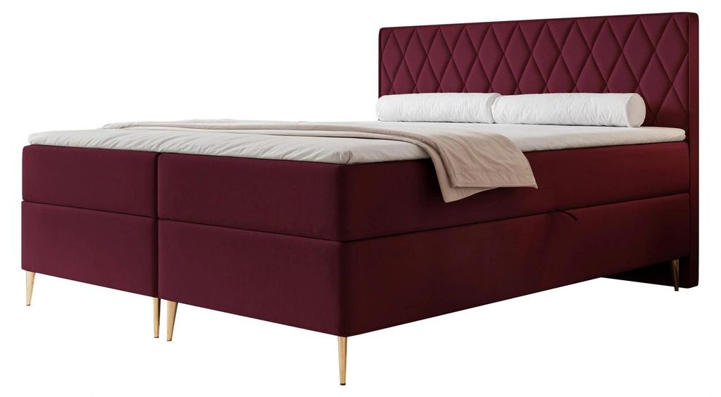 Boxspringbett PONTI II 180x200 Rautensteppung Bettkasten Bonellmatratze Samt Bordeaux