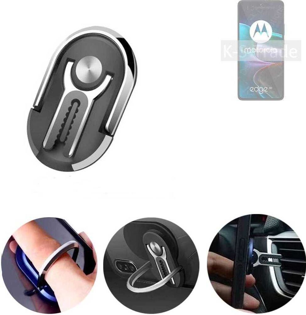 K-S-Trade 3in1 Smartphone-Ring Handy-Ring kompatibel mit Motorola Edge 30 Fingerhalterung Handyring Tischständer Lüftungsgitter-Halterung Tisch