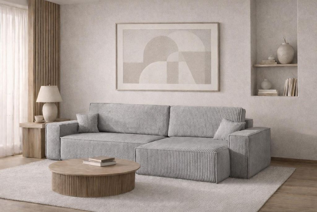 Kaiser Möbel Ecksofa mit schlaffunktion und bettkasten BEST XL, stoff Poso Dicker Cord, Grau, Rechts
