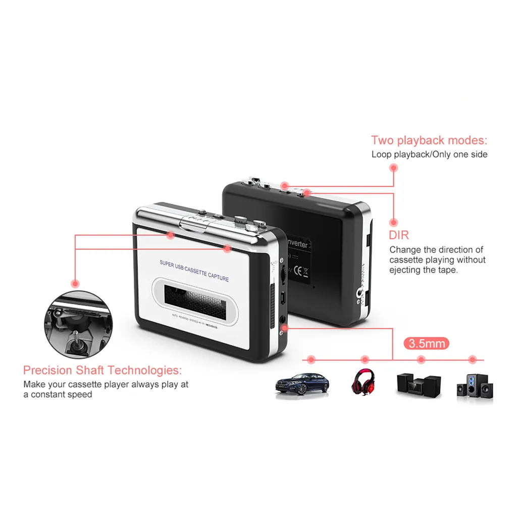 Convertisseur cassette vers MP3 portable et baladeur USB auto-reverse - 14