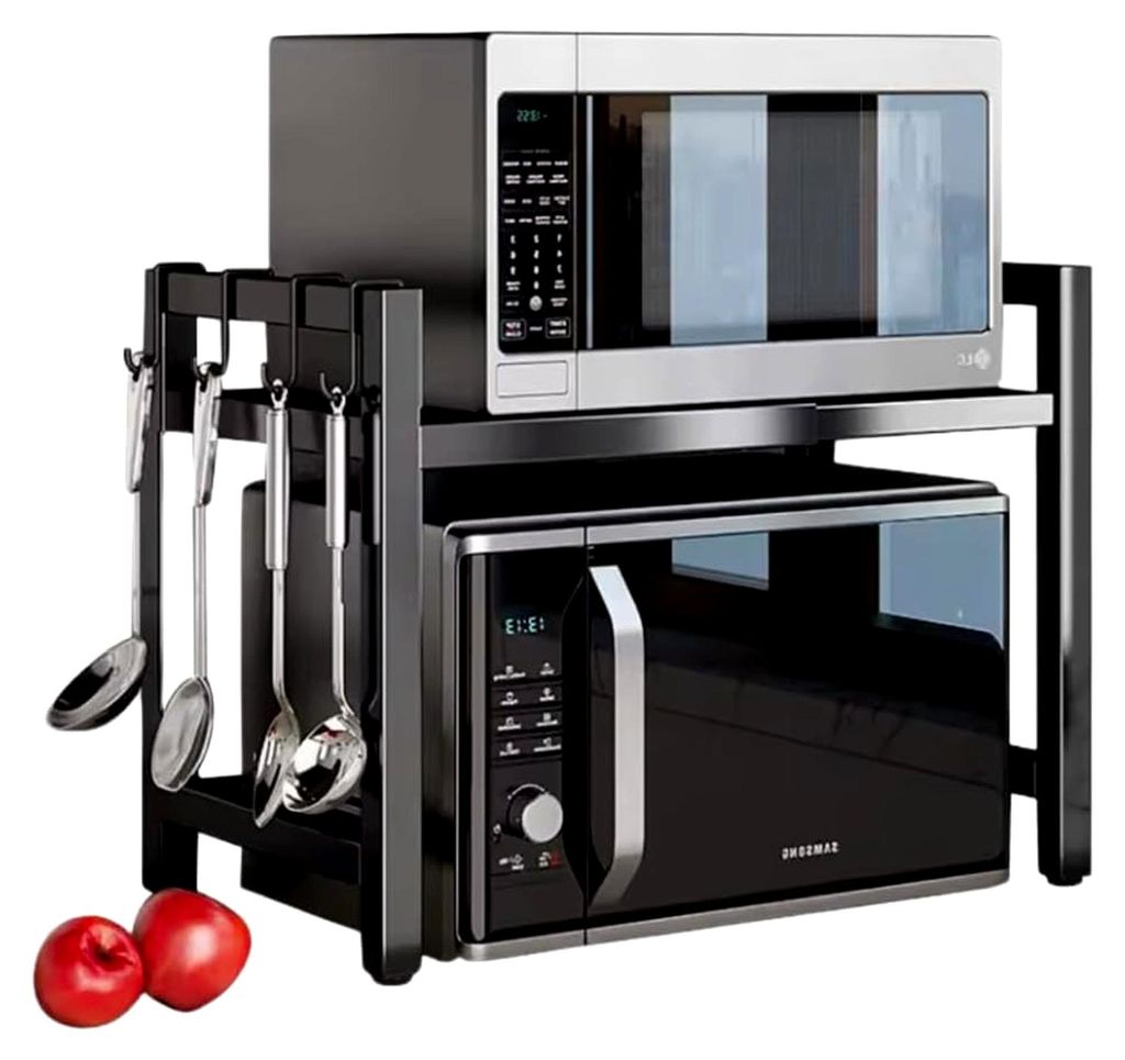 Verstellbarer Mikrowellenständer 38–65 cm Küchenregal aus Metall mit Haken stabil bis 25 kg Küchen Organizer teleskopisch schwarz Loft Design ...