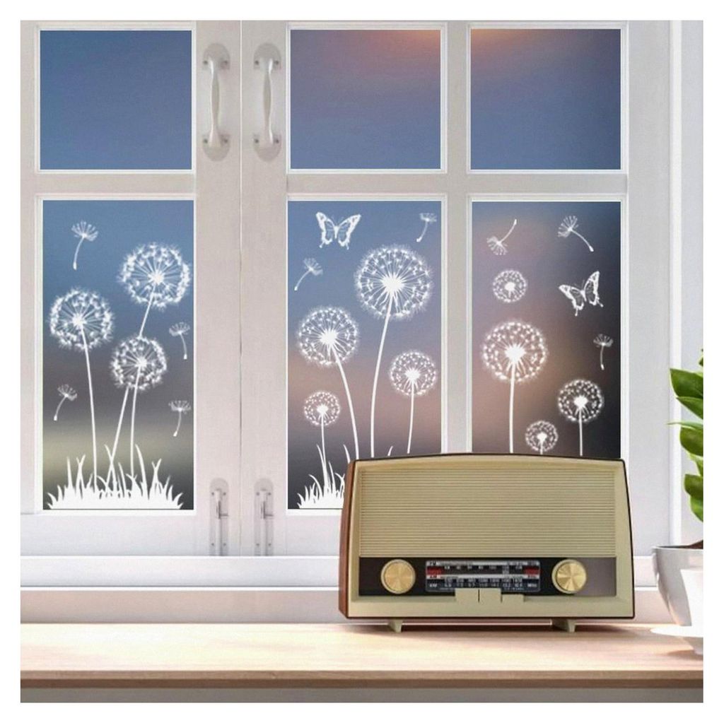 Statische Fensteraufkleber 30x90cm, 2 Bögen mit 24 weißen Löwenzahn-Motiven, abnehmbare Dekoration für Glasfenster und Spiegel im Homeoffice