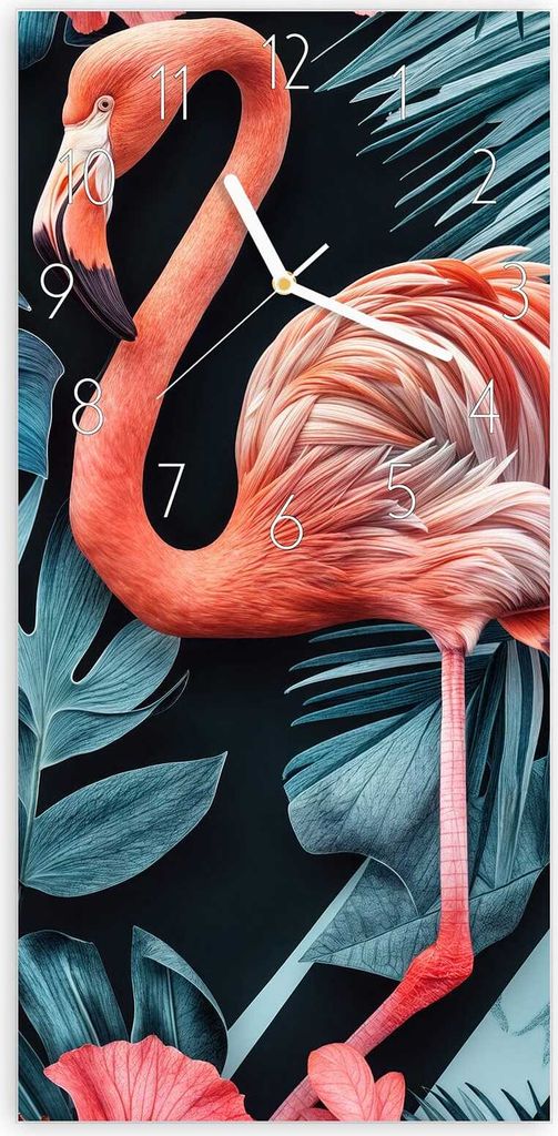 Wanduhr aus Glas mit Motiv Flamingos und Blumen- 30 x 60 cm - inkl. Aufhängesystem
