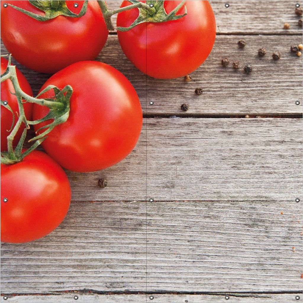 Wallario Outdoor-Poster für Garten oder Balkon, Motiv Tomaten und Gewürze auf altem Holztisch, in ca. 180 x 180 cm