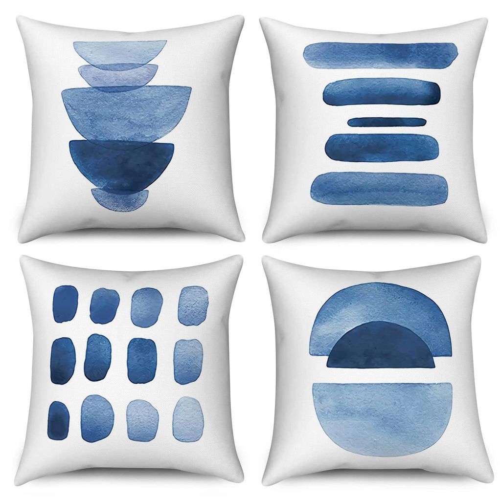 4er-Set blaue Kissenbezüge (40 x 40 cm), Boho-Stil, abstraktes, marineblaues geometrisches Nachbildung, minimalistisch-modernes Design, Leinen fü...