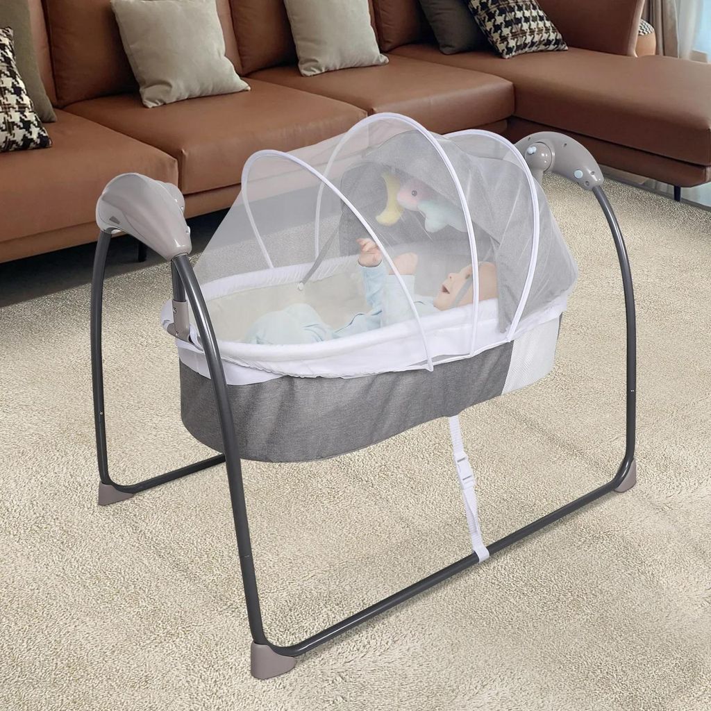 Babyschaukel - Elektrische Wippe/Wiege - Fernbedienung - Bluetooth Musik - EU-Stecker 100-240 V - bis 10 kg - 0-12 Monate - Grau
