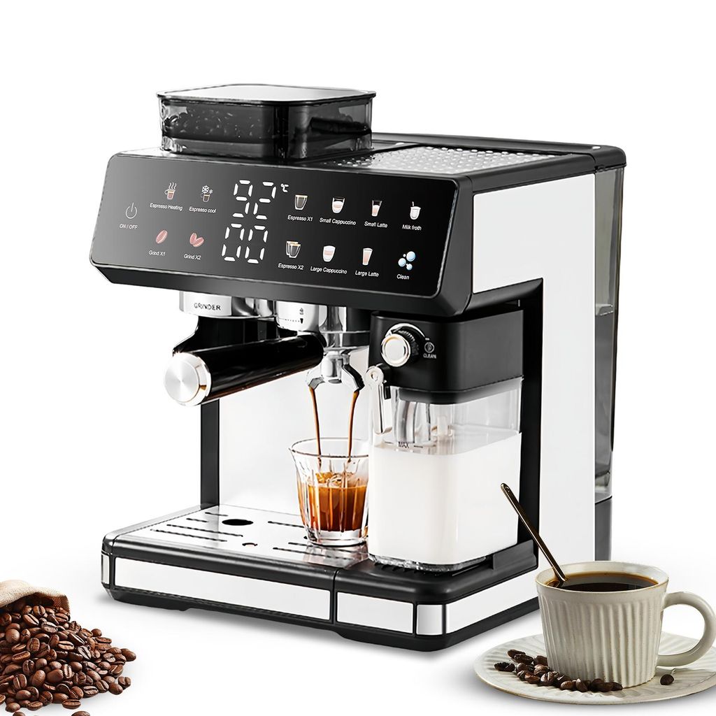 Zimilo Kaffeemaschine mit Mahlwerk, 1350W, Doppelboiler & Produktbild 