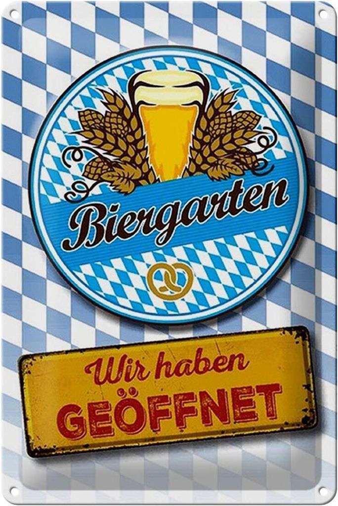 Blechschild Biergarten wir haben geöffnet, 30 x 20 cm, Blechschilder Spruch Getränk Alkohol, Bier Bayern