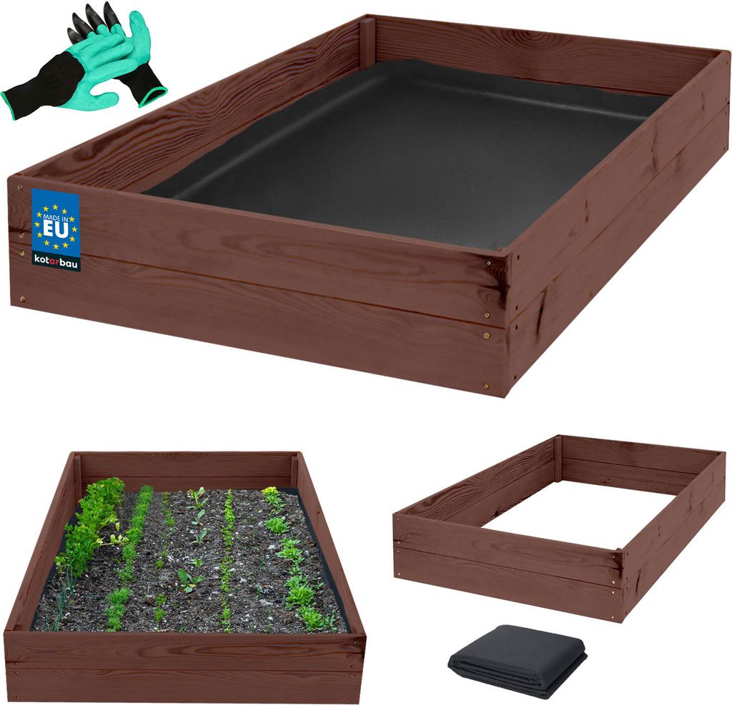 A collage of images showing a wooden raised garden bed, a planted raised garden bed, and gardening gloves.