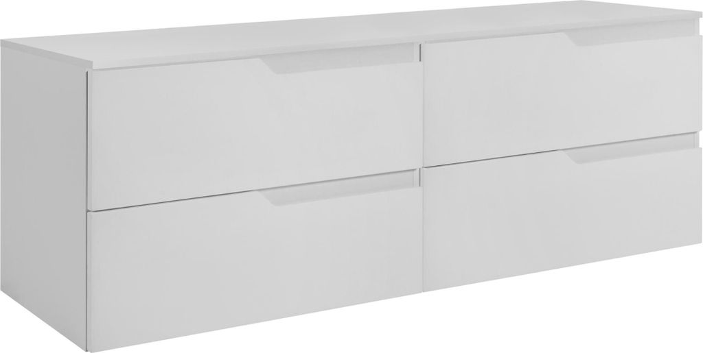 A white, modern-looking cabinet with four drawers, presented against a white background.