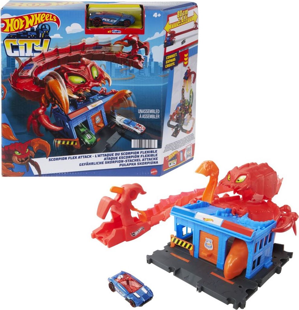 The image shows the box of a Hot Wheels City Scorpion Flex Attack playset, along with the assembled playset and a toy car.