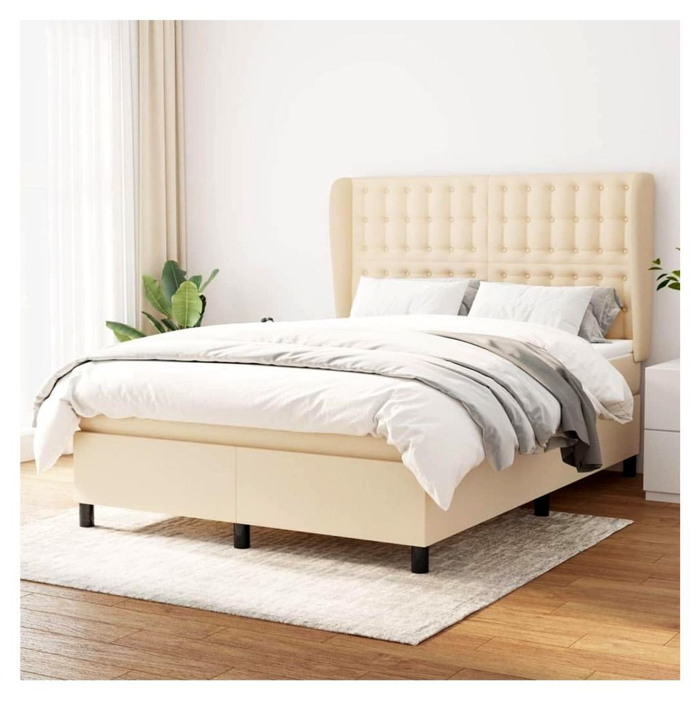 Lattenrost mit Matratze, cremefarben, 140 x 190 cm, Stoff, Plattformbett, mit Lattenhalter, einfache Montage für Schlafzimmer, Erwachsene