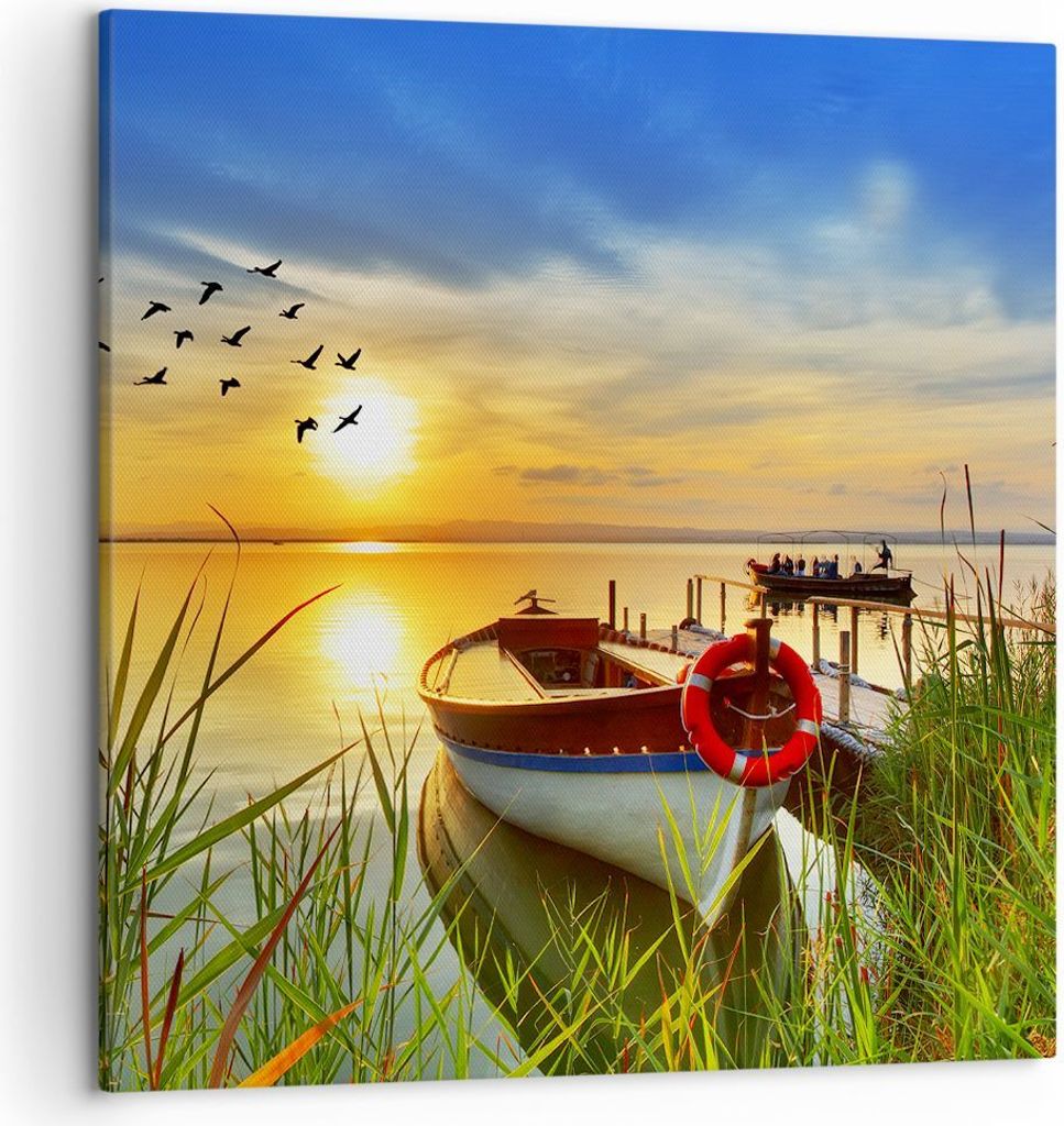 Bild auf Leinwand - Leinwandbild - Boot See Sonnenuntergang Sommer Menschen - 50x50cm - Wand Bild - Wanddeko - Leinwanddruck - Bilder - Kunstdruck ...