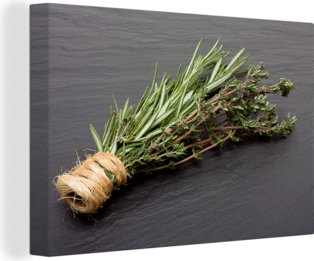 OneMillionCanvasses - Leinwandbilder - 150x100 cm, Thymian - Kräuter - Grün - Tisch - Küche - Stein, Wandbilder Kunstdruck Wanddekoration - Fo...